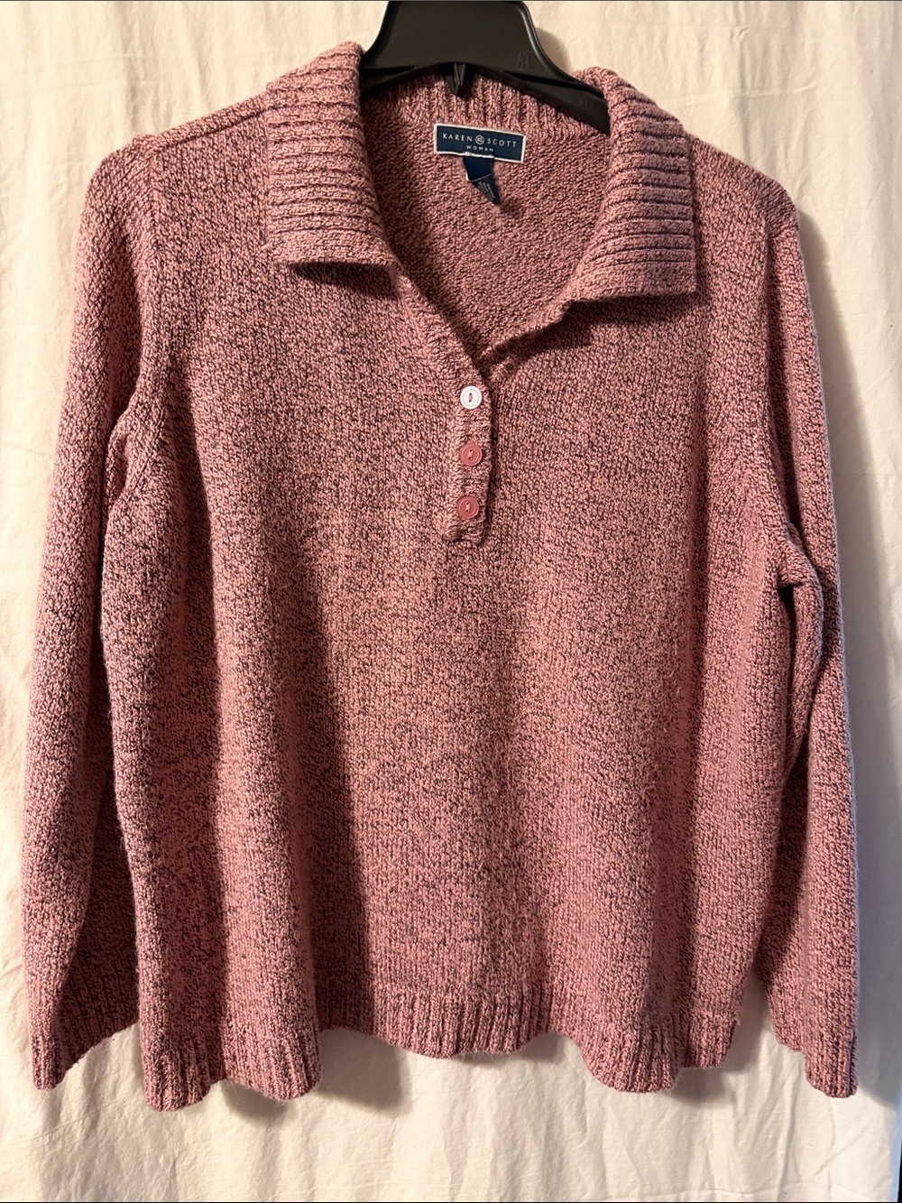 Karen Scott Women's Black and Mauve V-Neck Polo Sweater
